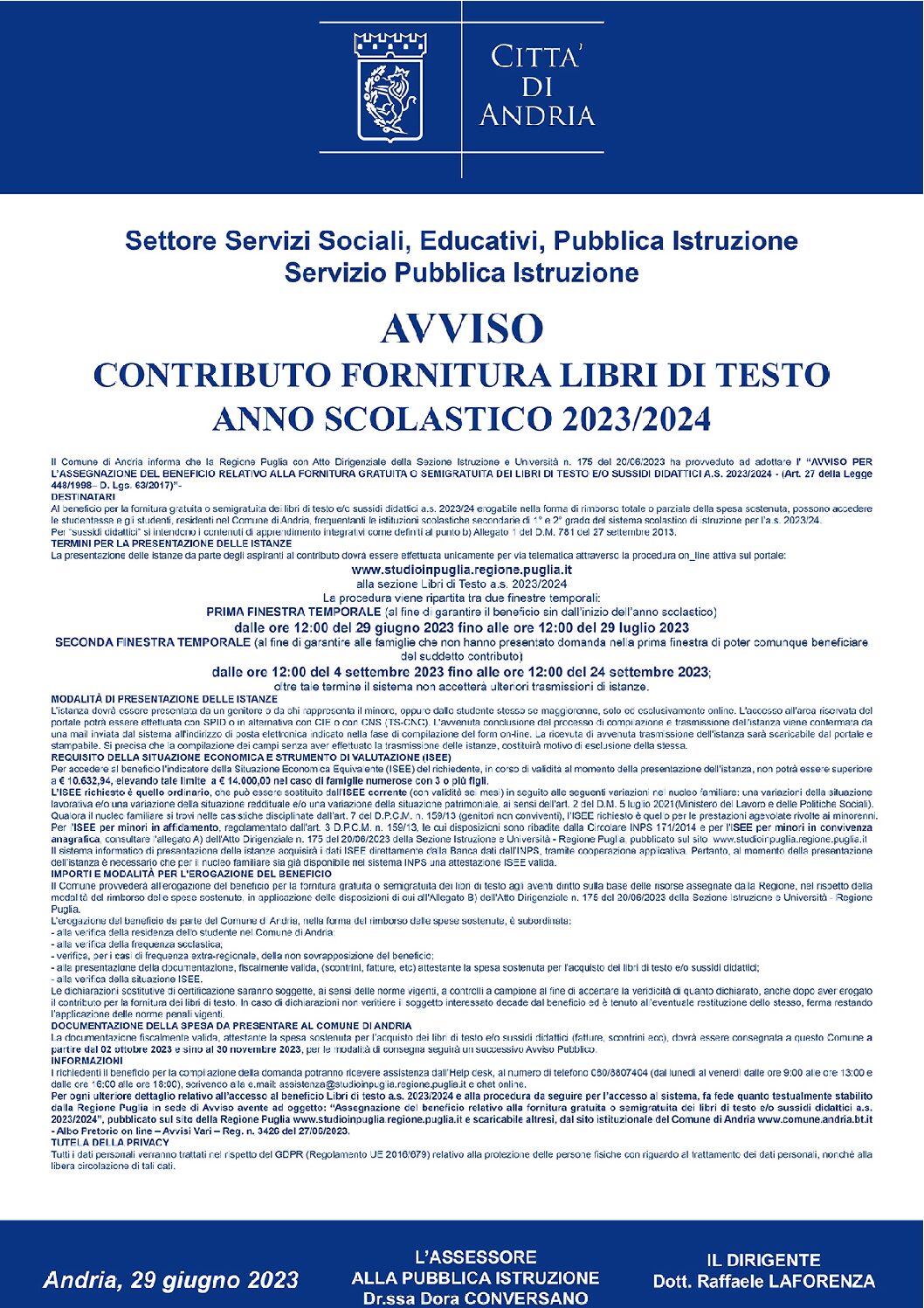 CONTRIBUTO FORNITURA LIBRI DI TESTO - ANNO SCOLASTICO 2023/2024