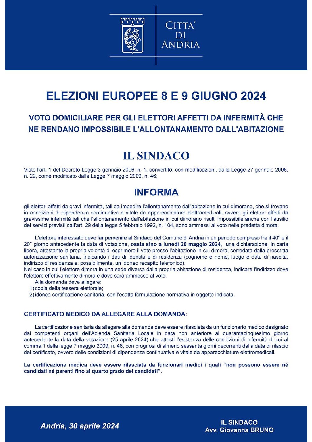 ELEZIONE DEI MEMBRI DEL PARLAMENTO EUROPEO SPETTANTI ALL’ITALIA DI SABATO 8 E DOMENICA 9 GIUGNO 2024